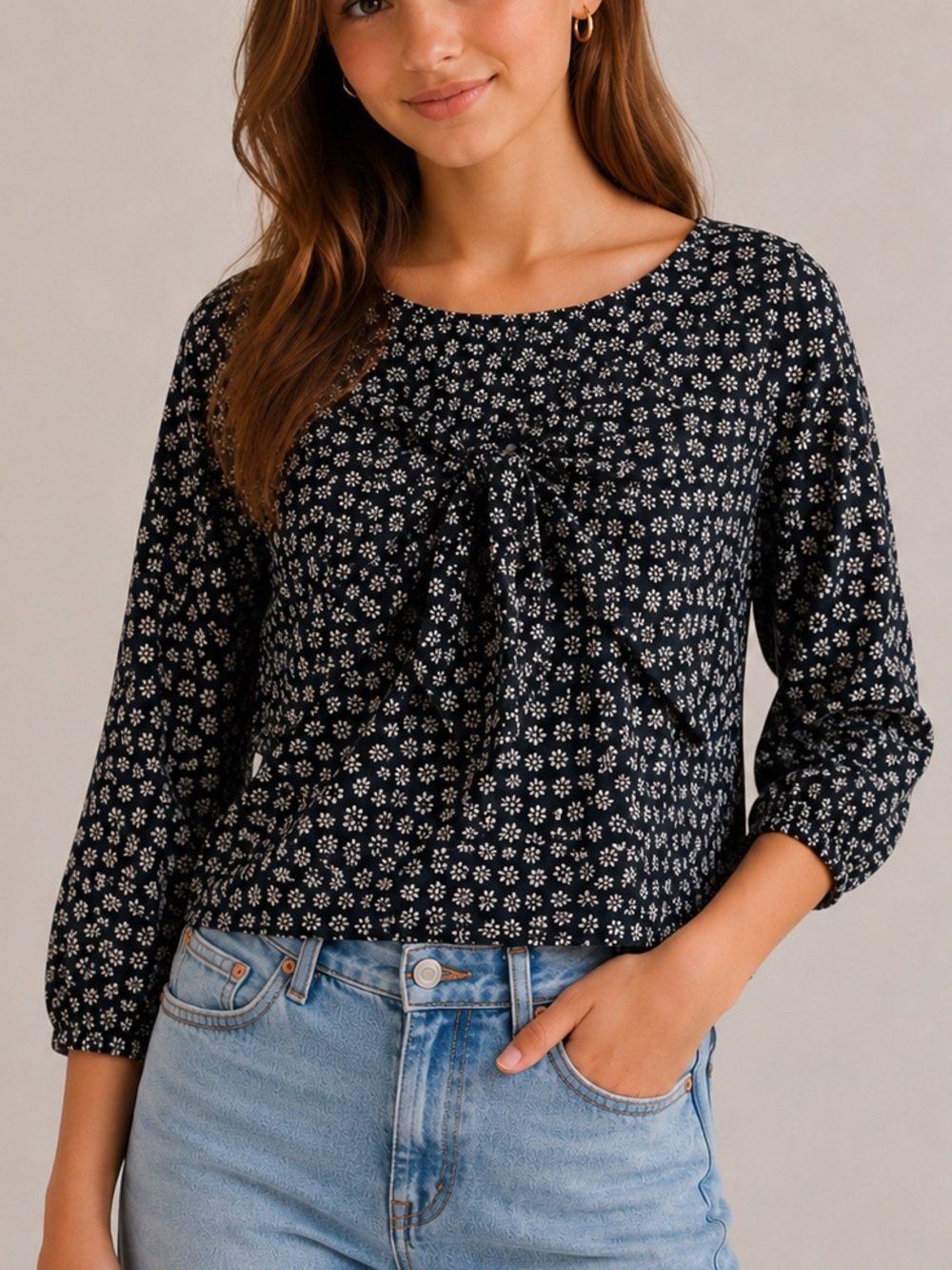 Abercrombie Kids Floral 3/4 Sleeve Cropped Blouse Top Black White Girls 13/14